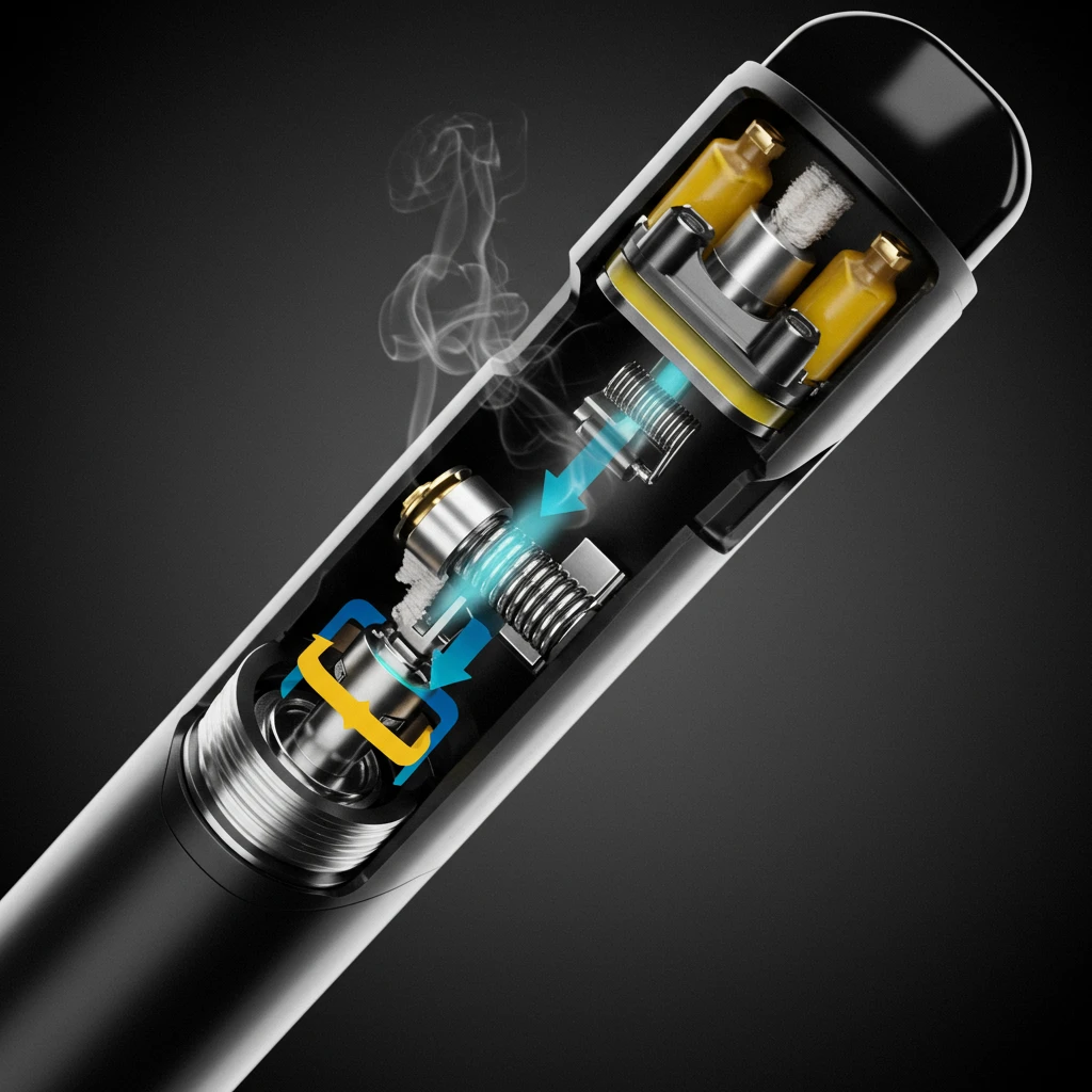 Diagram of vape showing wick, coil, e-liquid reservoir and vapour emission pathway